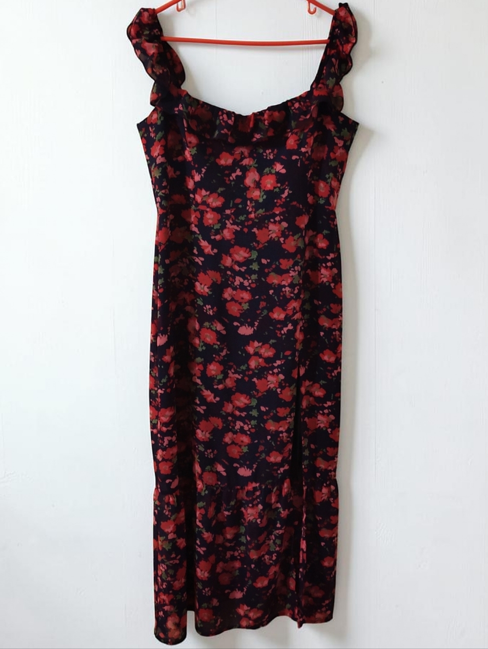 Park & Fifth Navy Blue Midi Dress w/ Red Floral Print Ruffles A-line Cottagecore